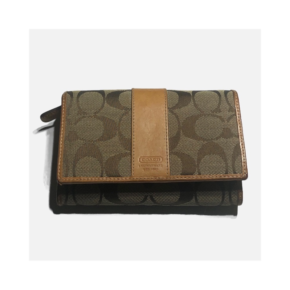 COACH Wallet Brown Canvas Signature Pattern w/ Tan Leather Bifold Medium Compact